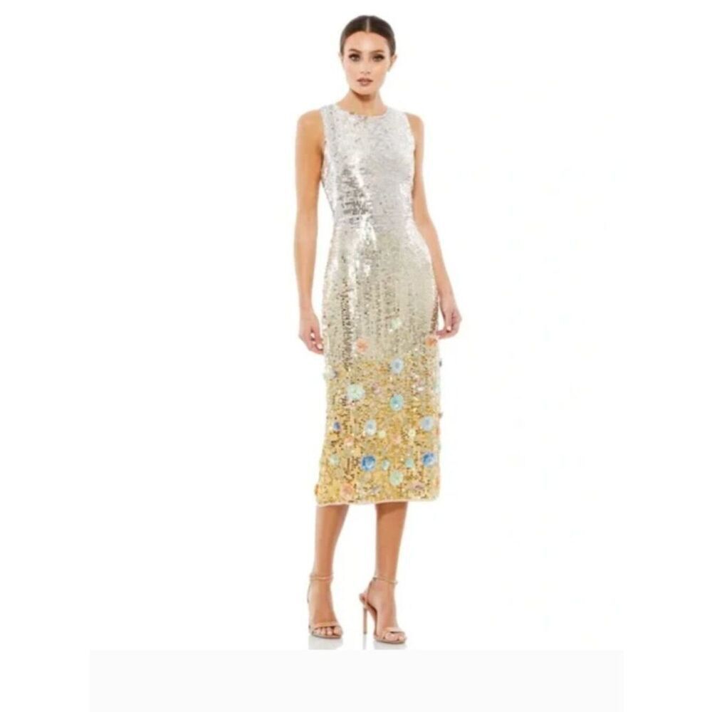 Mac Duggal Sequin Floral Applique Midi Dress Estimated L 12/14